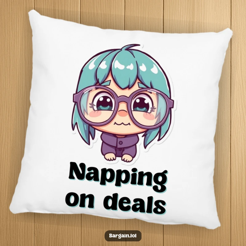Funny Pillow: Character with quirky glasses peeking at a cheap price tag, adding humor to seating.