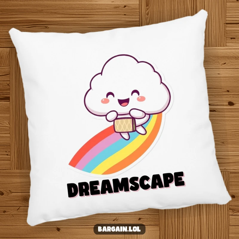 Funny pillow showing a smiling cloud character joyfully floating down a rainbow trail with a patterned bag.