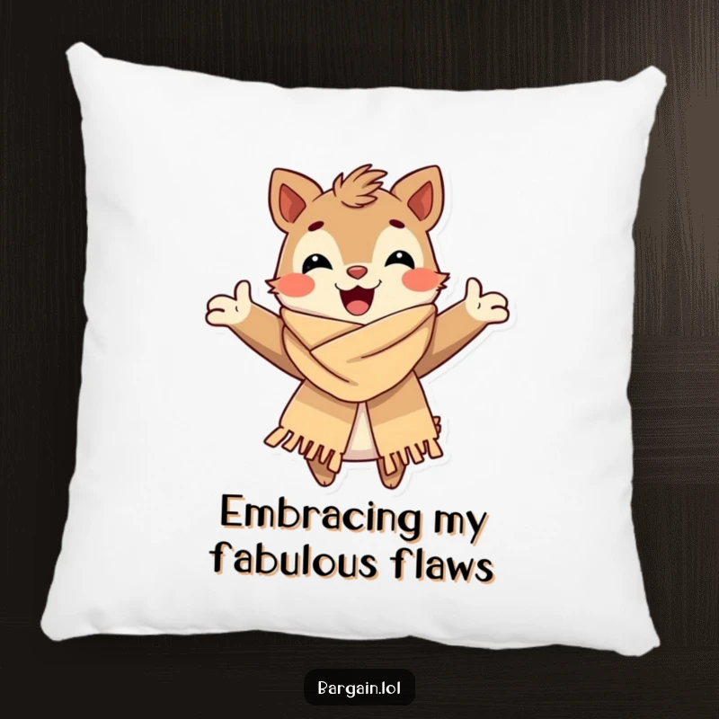 Funny Pillow: A cheerful creature embraces its chic, slightly worn scarf, offering a soft and humorous decorative accent for any room.