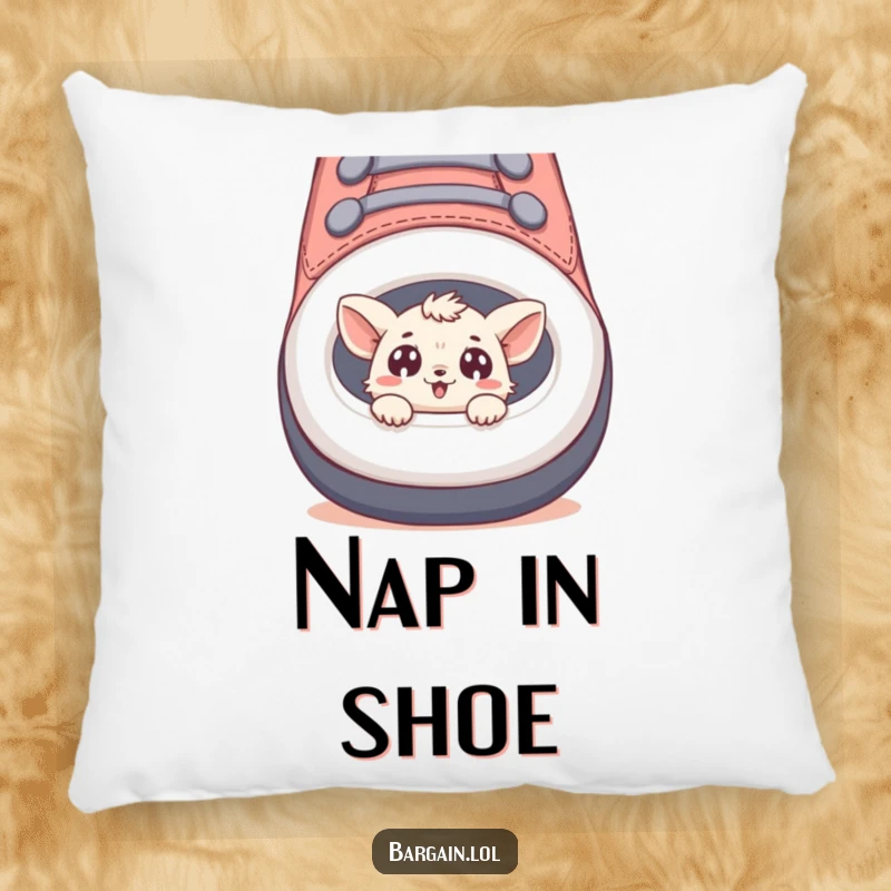 Funny pillow featuring a tiny creature peeking out from a giant shoe, looking surprised and happy.