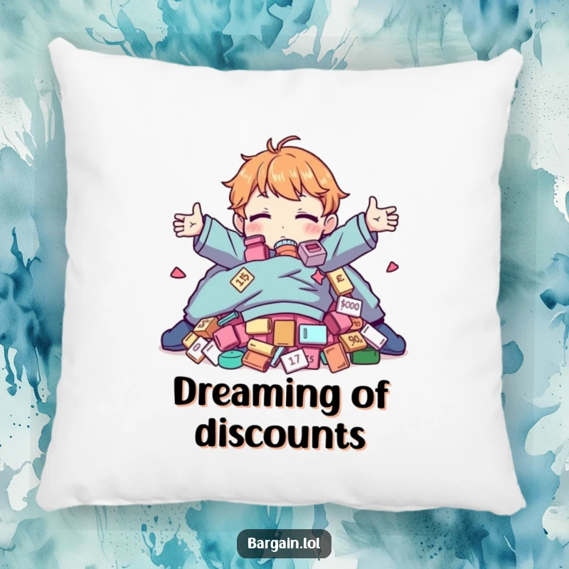 Funny Pillow: Character embracing a pile of wonderfully absurd, discounted clothing, offering cozy humor.