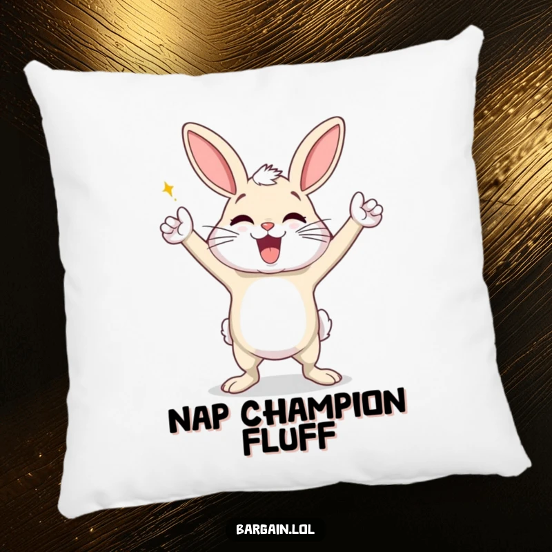 Funny pillow featuring an exaggeratedly happy dust bunny in a triumphant victory dance, perfect for soft, humorous comfort and cheerful decor.