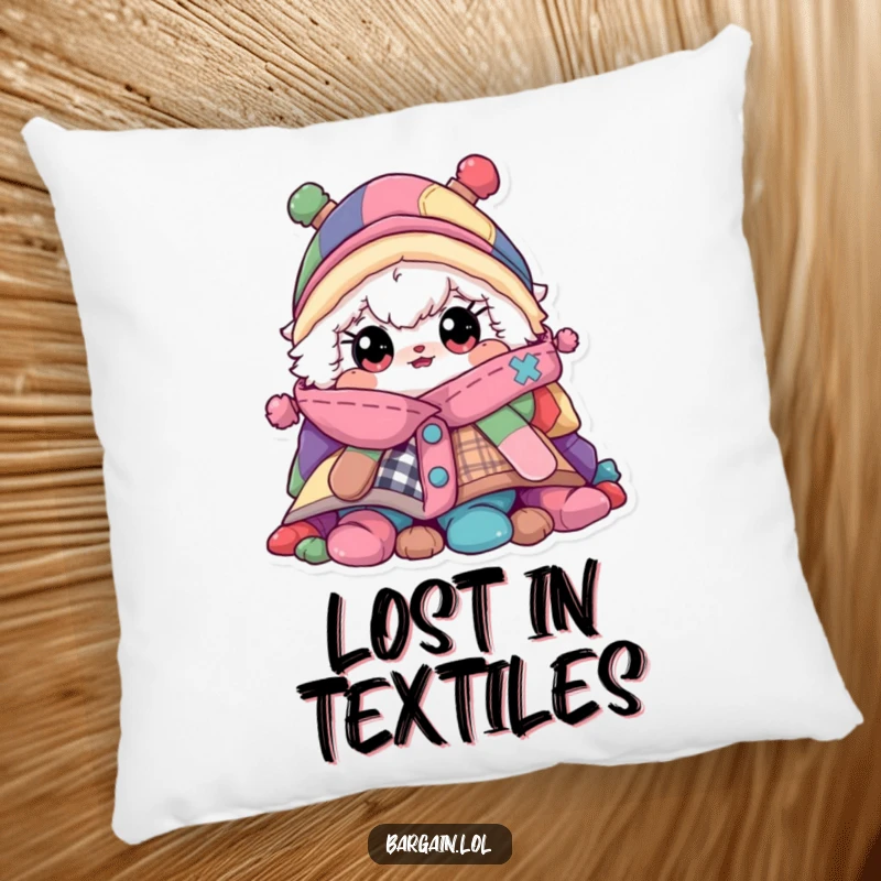 Funny pillow, fluffy character peeking from a mountain of colorful clothes, cozy home accent.
