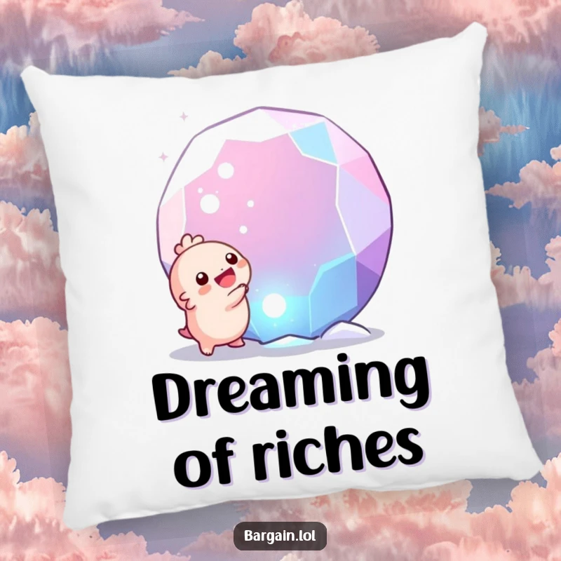 Funny pillow: A small creature filled with glee at the sight of a massive, glittering gem, offering comfort and humor.