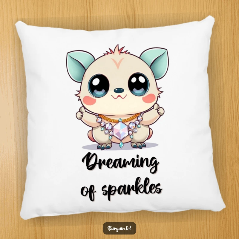 Funny pillow featuring a creature with huge googly eyes triumphantly holding a sparkly, cheap necklace.