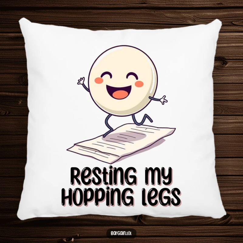 Funny pillow featuring a smiling button character with legs hopping excitedly over a discarded crumpled receipt, offering comfort and a humorous touch.