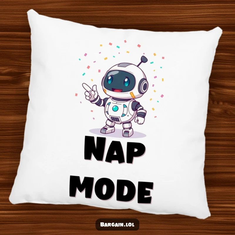 Funny pillow with a round robot character enthusiastically pointing at a burst of confetti, providing comfort and a festive atmosphere.