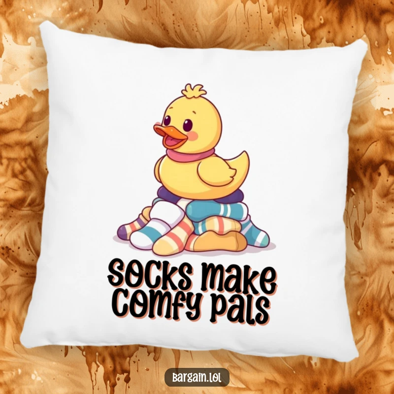 Funny pillow with a rubber ducky gleefully balancing mismatched socks, offering comfort and a dose of laundry day humor.