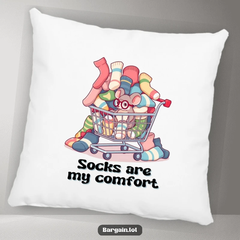 Funny tiny mouse with a monocle inspecting mismatched socks spilling from a shopping cart on a soft pillow.