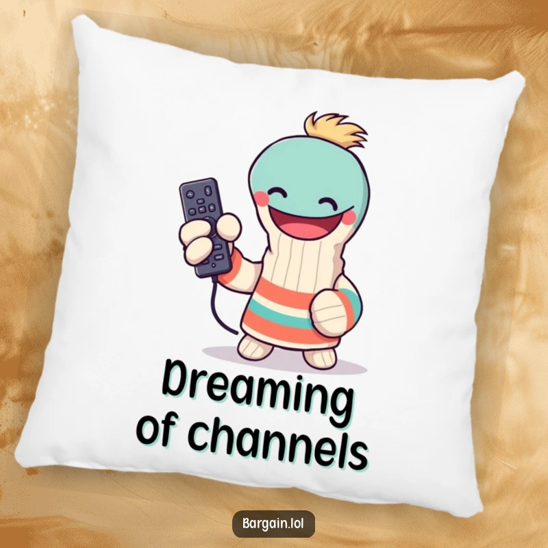 Funny sock puppet pillow, triumphantly holding a lost remote control, soft and cuddly, celebrating a win, perfect funny gift.