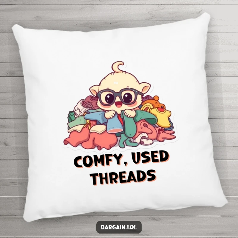 Funny pillow featuring a whimsical creature with oversized glasses, digging excitedly through a pile of used garments.