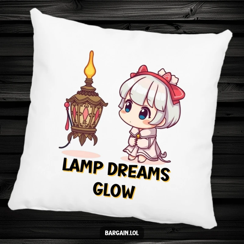 Funny pillow showing a character with a curious head tilt examining a bizarre, ornate lamp, adding a touch of whimsical wonder.