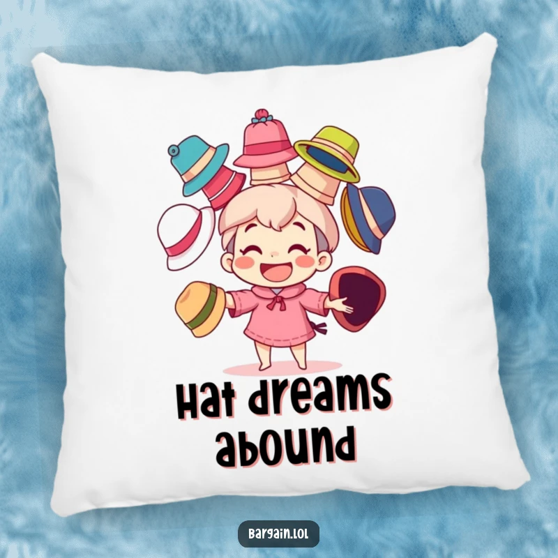 Funny pillow showing a character with a big grin, playfully juggling many mismatched, colorful hats, adding a touch of whimsy.