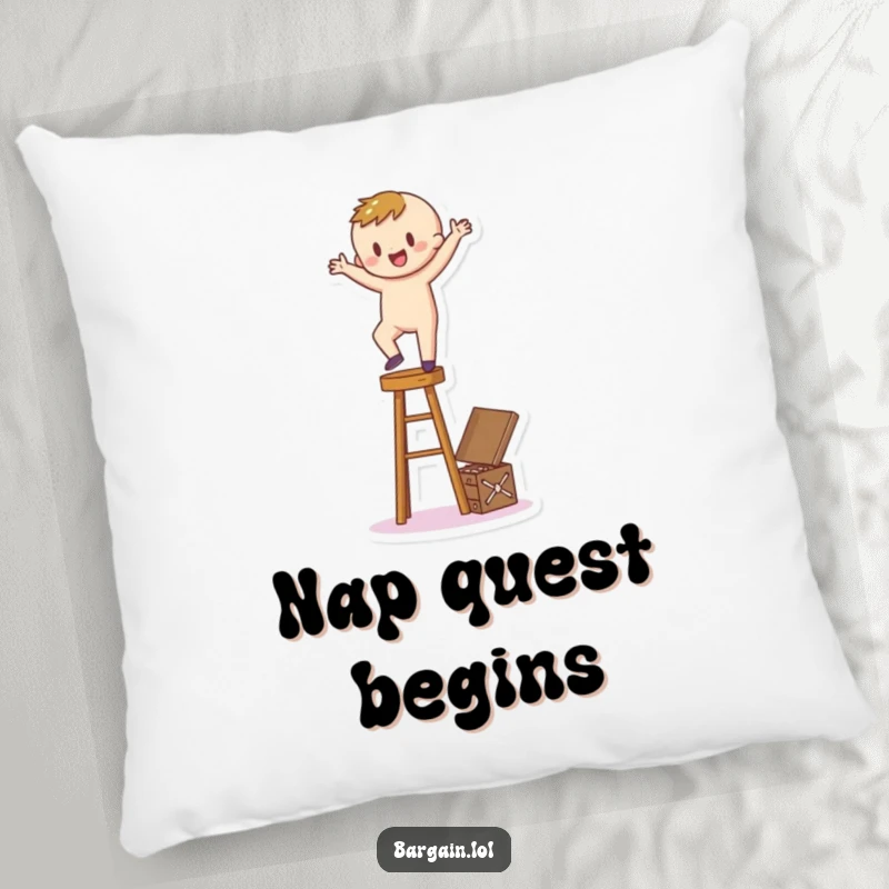 Funny Pillow: A happy cartoon figure teeters on a stool, reaching out to grasp a hidden treasure box, full of determination.