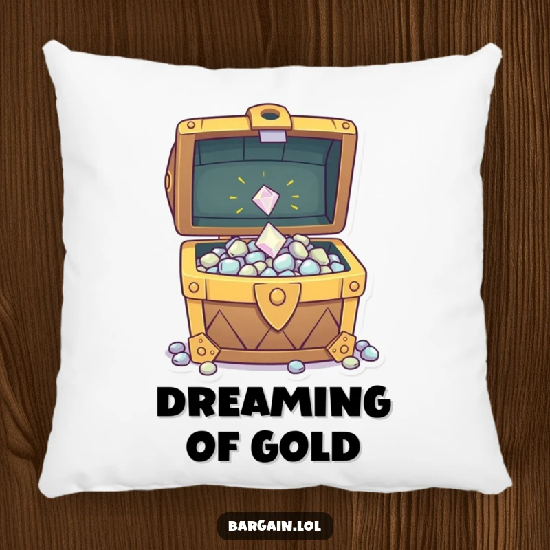 Funny pillow with a sparkly gem being tossed into a treasure chest, adding a whimsical and cozy touch to any relaxation space.