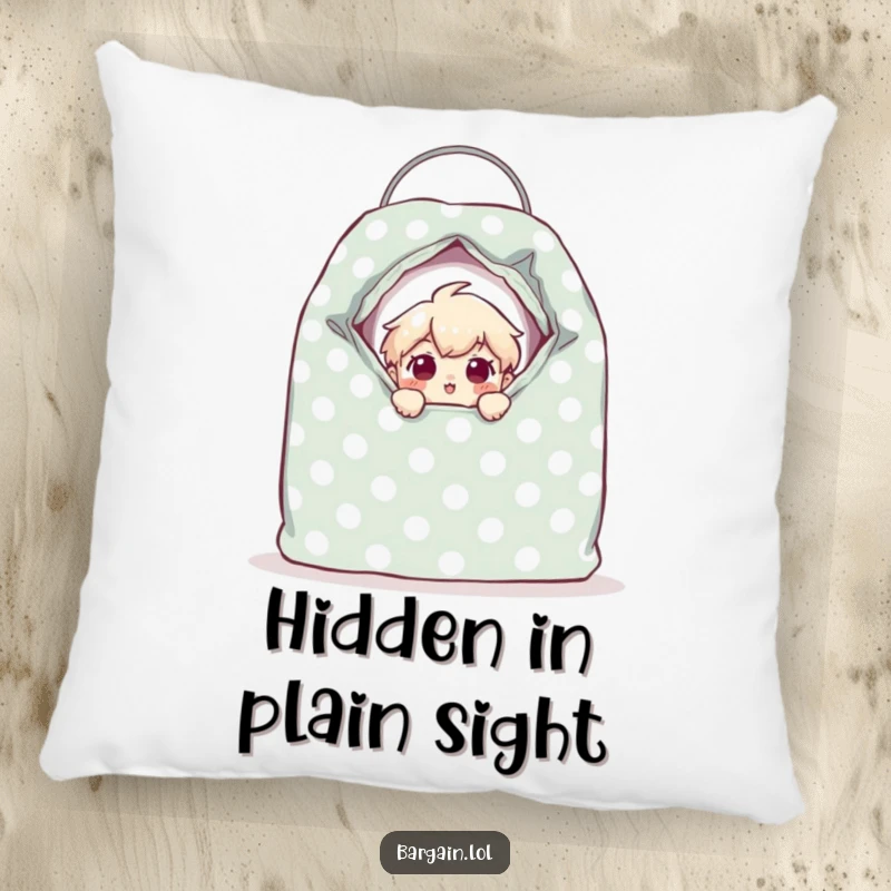 Funny tiny character peeking from a giant polka-dotted thrift bag with surprised eyes, featured on a plush pillow for humorous comfort.