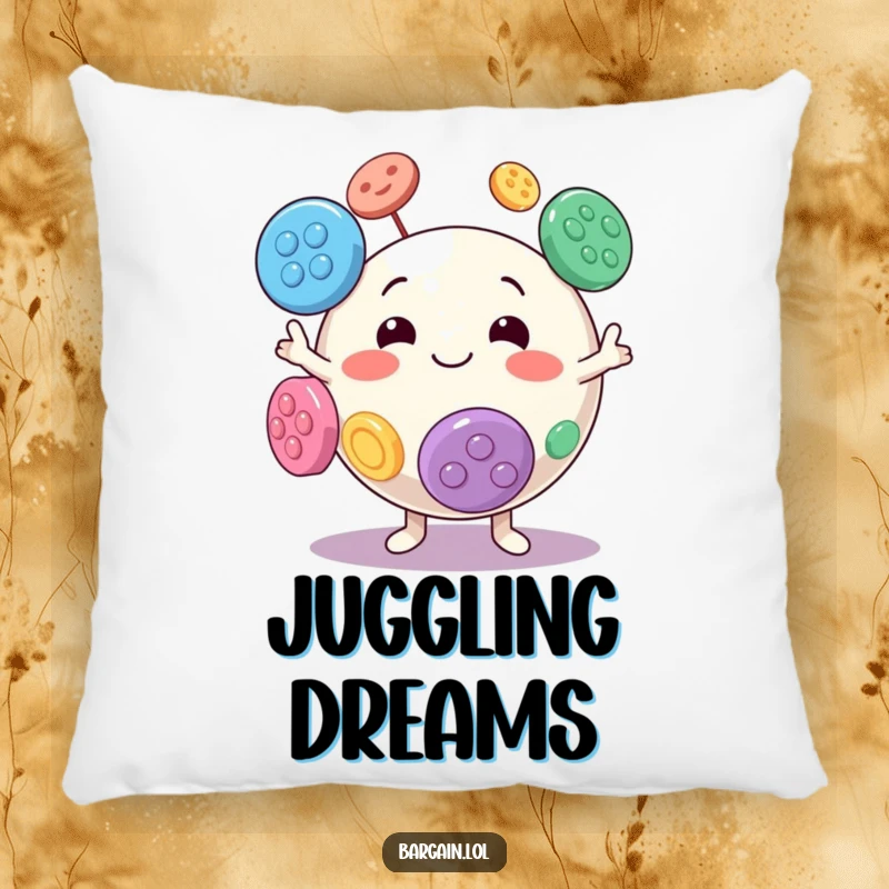 Funny pillow featuring a spherical character with a goofy grin, juggling oversized, colorful buttons.
