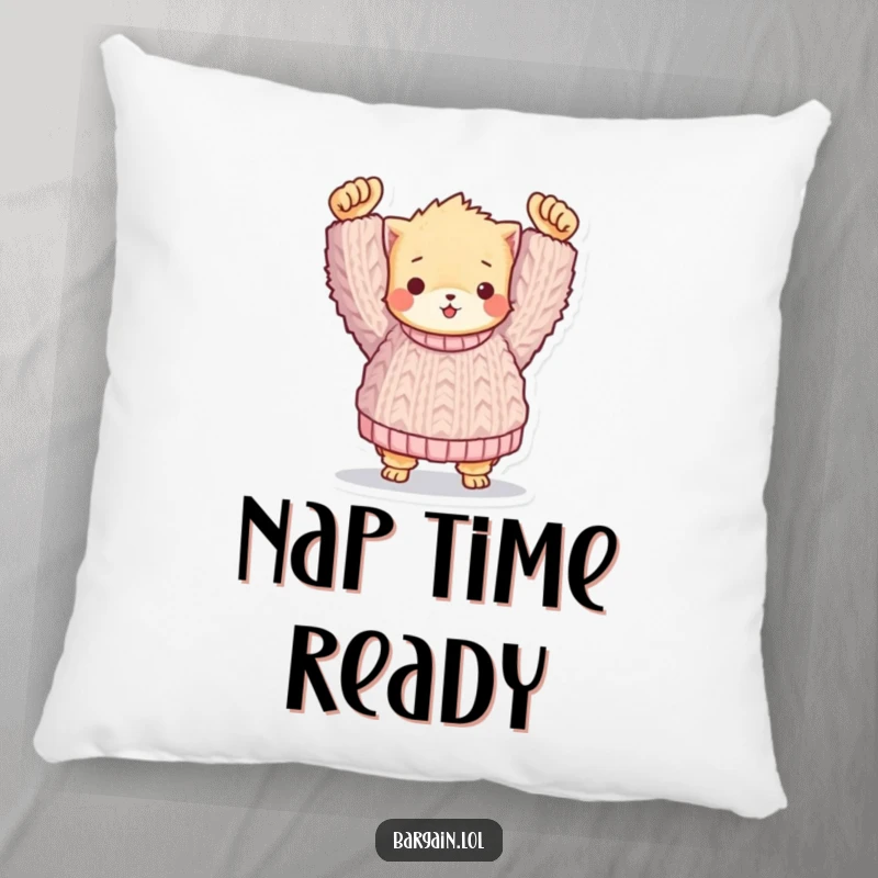 Funny pillow: A fluffy creature holding up a huge, knitted sweater, symbolizing comfort and humorous satisfaction.