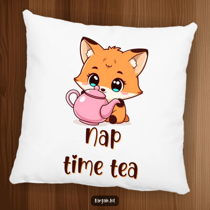 Funny Kawaii fox pillow with a fox with wide eyes admiring a quirky, affordable teapot, perfect for cozy decor.
