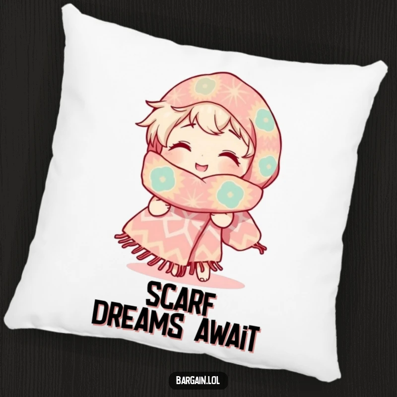 Funny pillow showing a character with a radiant smile, joyfully admiring a ridiculously large, uniquely patterned scarf, adding a touch of whimsy.