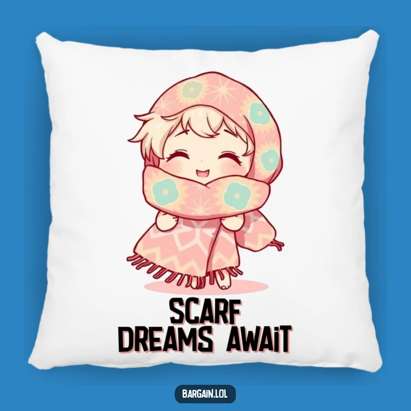 Funny Throw Pillow: Character's Radiant Smile & Huge Scarf - Comfy Funny Gift