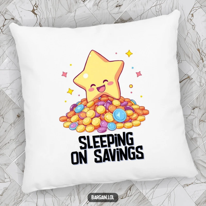 Funny pillow with a star character gleefully diving into a pile of shimmering coins, adding a whimsical and comforting touch to relaxation spaces.