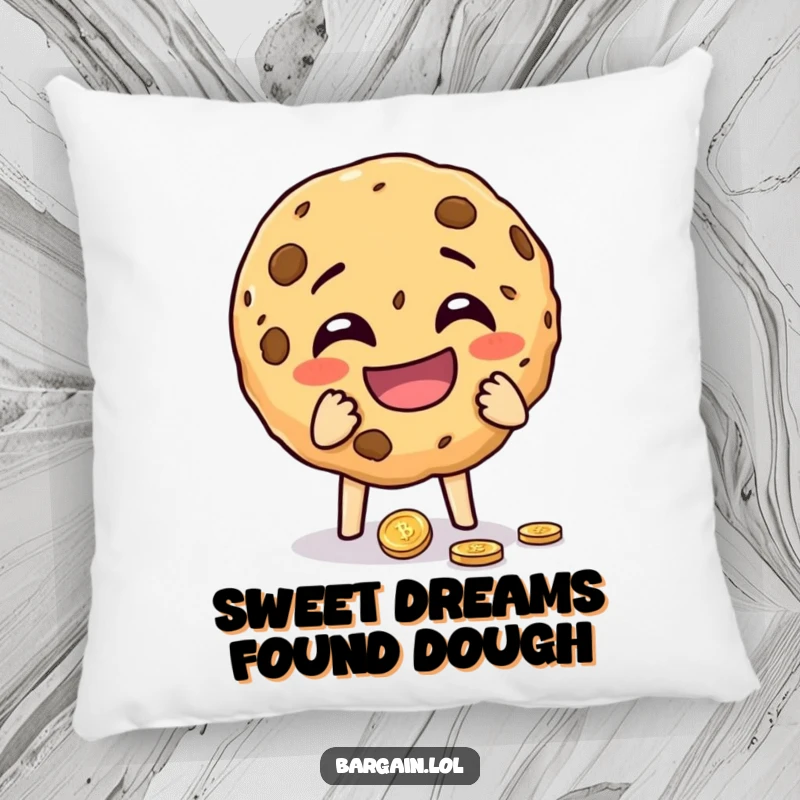 Funny cheeky cookie crumbling with laughter while holding a dropped coin on a pillow. A humorous and comforting accent piece.