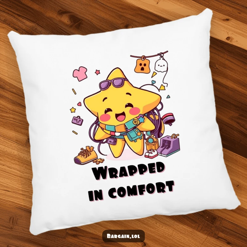 Funny pillow featuring a jolly star character covered in a colorful mix of thrift store clothing and accessories, offering cozy humor.