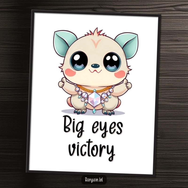 Funny digital art print of a creature with enormous googly eyes triumphantly holding a sparkly, cheap necklace.