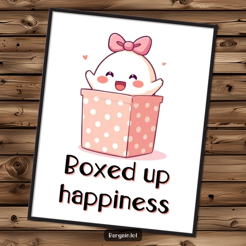 Funny digital art print: A cheerful blob character explosively emerging from a large, polka-dotted gift box, a humorous decoration.