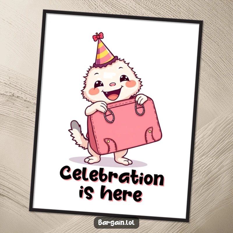 Funny Digital Art Print: A happy creature in a party hat poses with a huge retro handbag, bringing instant festive charm.