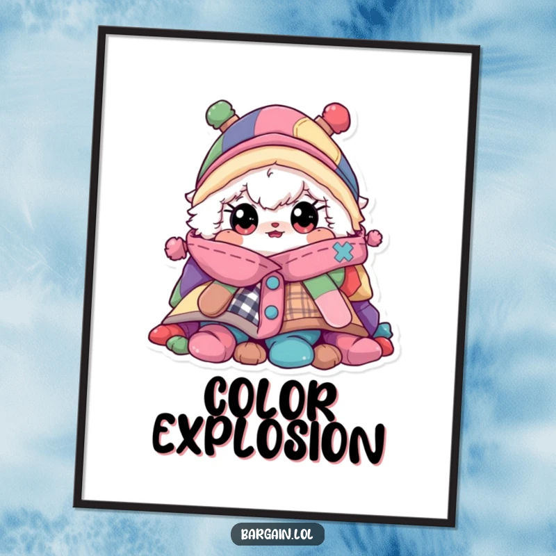 Funny digital art print, fluffy character peeking from a mountain of colorful clothes, instant decor.