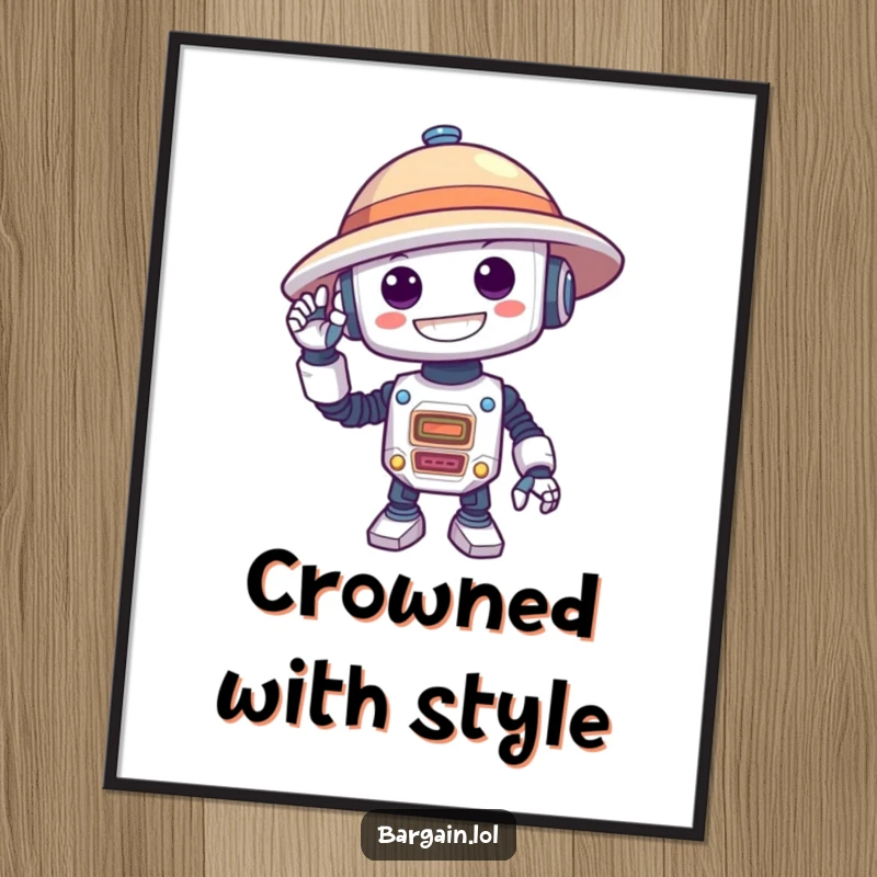 Funny digital art print of a silly robot with a delighted grin attempting to wear a comically oversized hat.