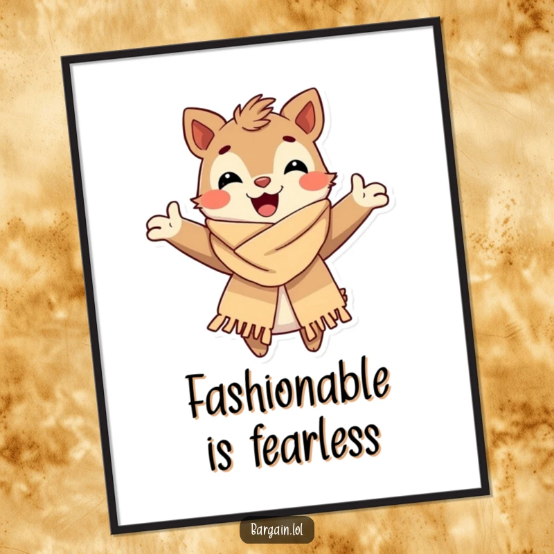 Funny Digital Art Print: A joyful creature lovingly embraces a chic, slightly tattered scarf, offering instant quirky and fashionable wall decor.