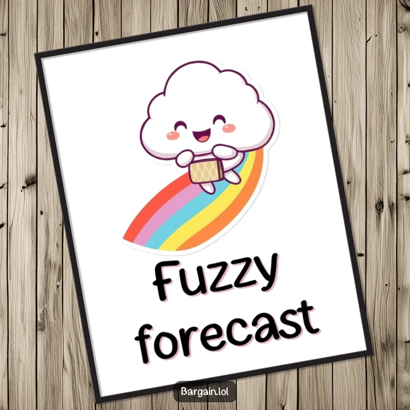 Funny digital art print of a smiling cloud character joyfully floating down a rainbow trail, carrying a small patterned bag.