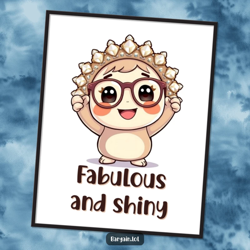 Funny digital art print, round character with tiny glasses holding a large sparkly brooch, instant decor.