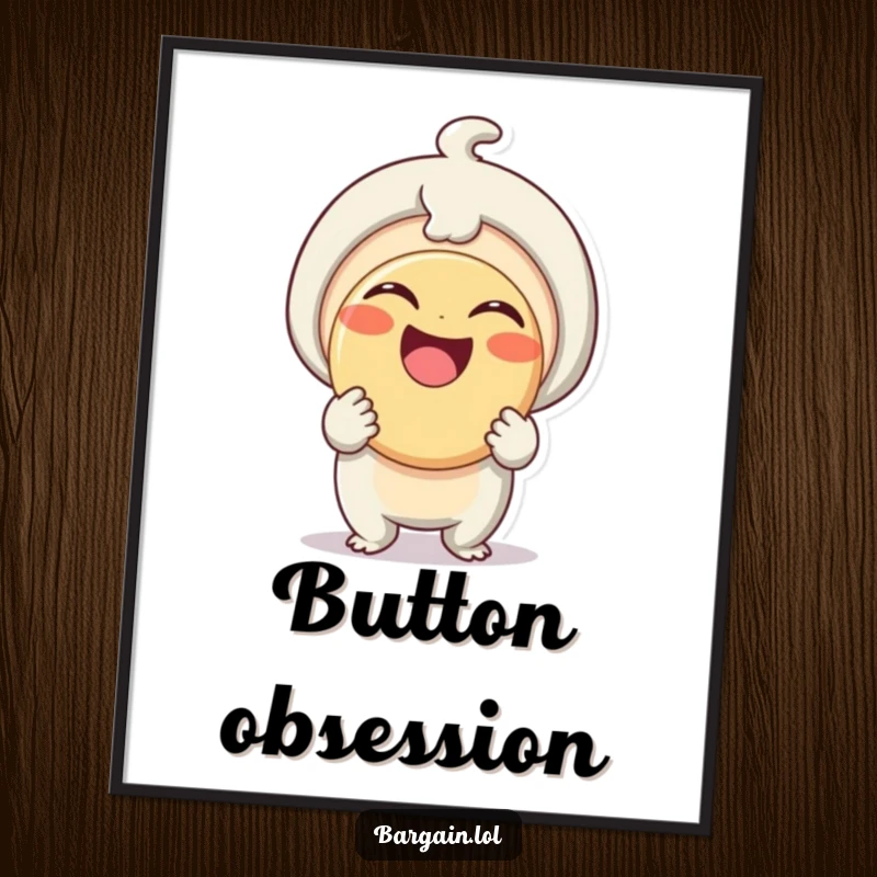 Funny Digital Art: A small, delighted being holds a comically large button with a proud, beaming smile, capturing pure joy.