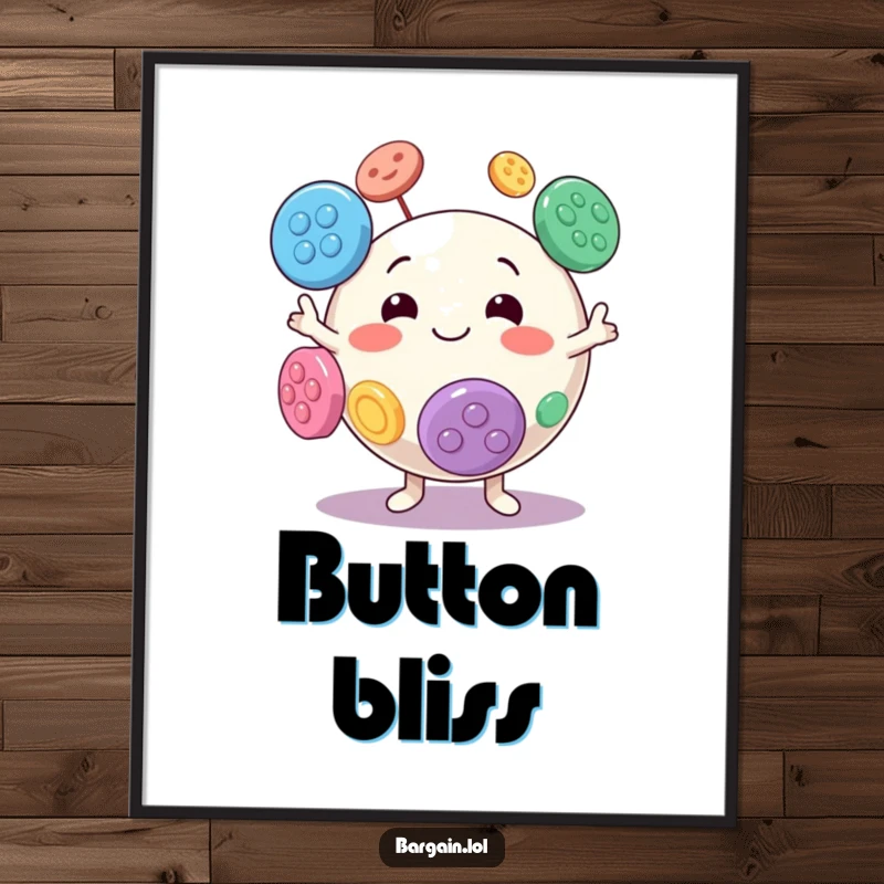 Funny digital art print of a spherical character with a goofy grin juggling oversized, colorful buttons.