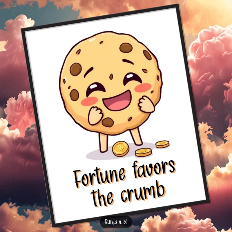 Funny cheeky cookie crumbling with laughter while holding a dropped coin, as a digital art print. A humorous and sweet wall art option.