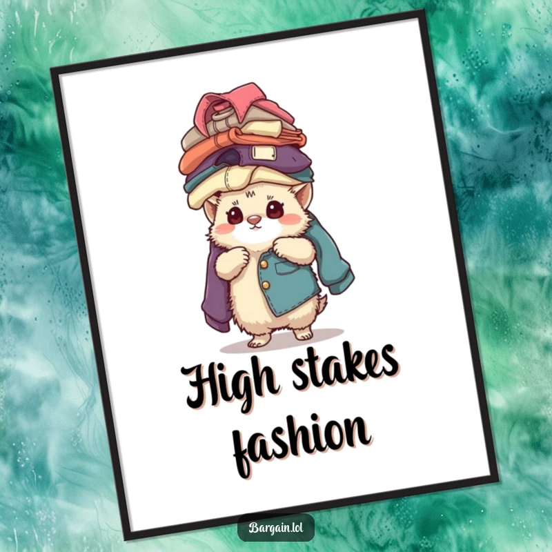 Funny fuzzy creature concentrating hard while balancing a tall stack of vintage clothing, available as an instant digital art print.