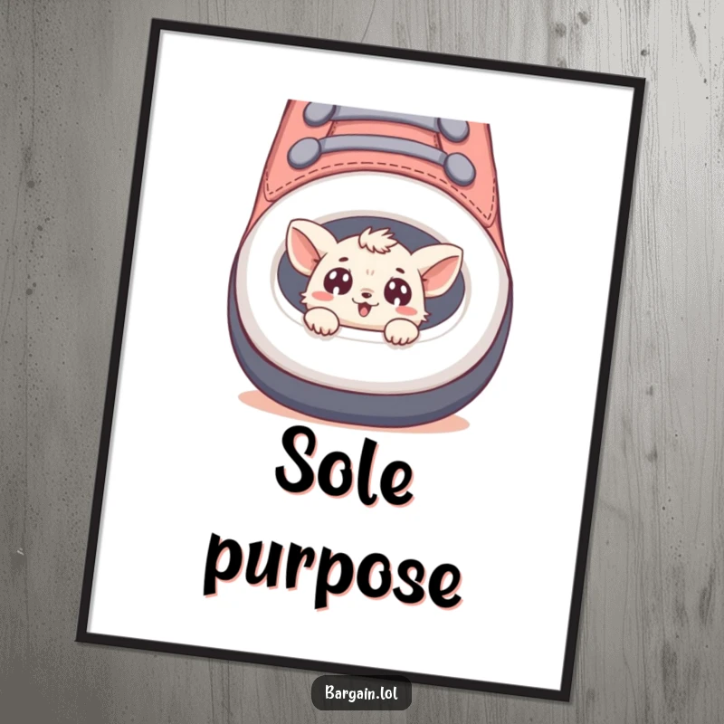 Funny digital art print of a tiny creature peeking out from a large shoe, with wide, delighted eyes.