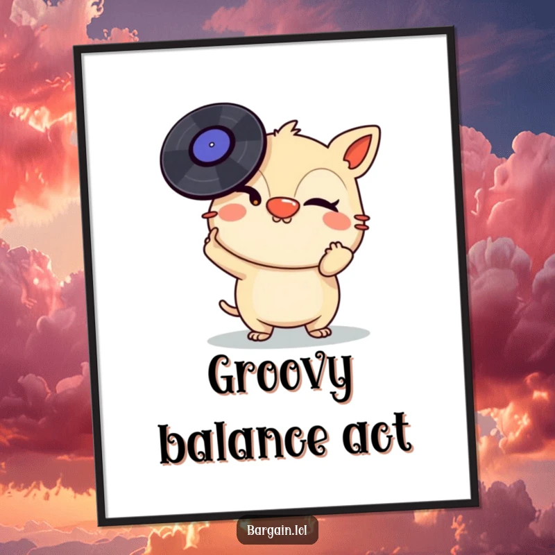 Funny Digital Art Print: A mischievous creature winks while balancing vinyl records on its nose, creating instant music-themed wall art.