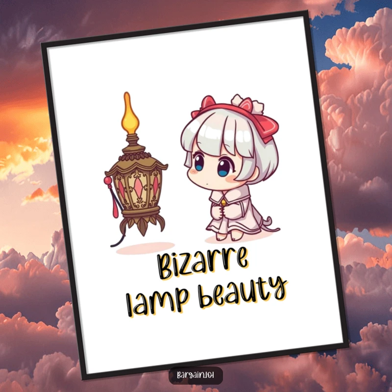 Funny digital art print of a character with a curious head tilt examining a bizarre, ornate lamp, radiating whimsical charm.
