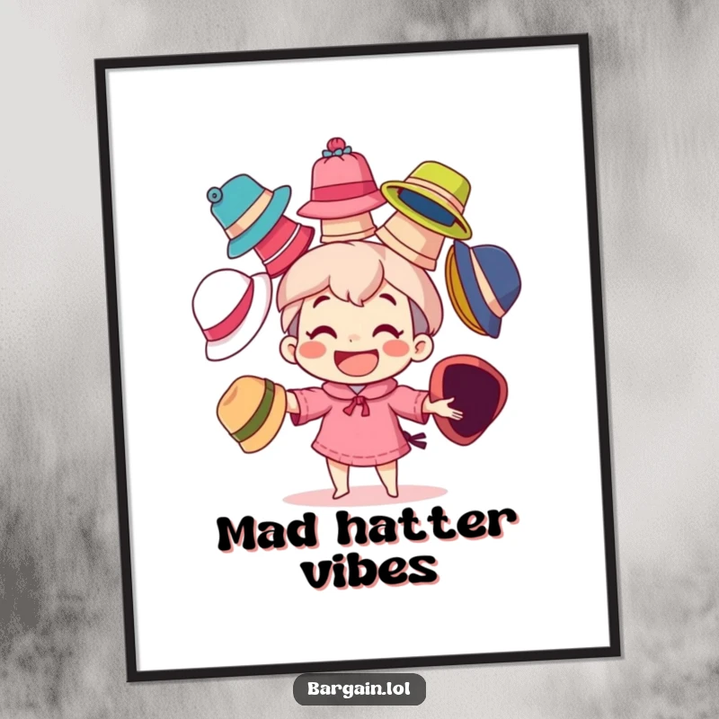 Funny digital art print of a character with a big grin, playfully juggling many mismatched, colorful hats, embodying joyful skill.