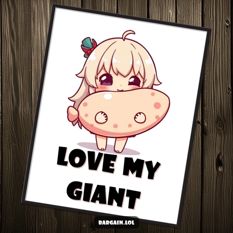 Funny digital art print of a character with pure delight holding an enormously oversized novelty item, radiating joyful charm.