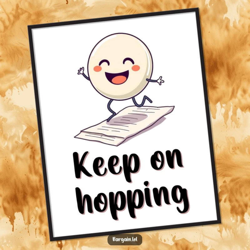 Funny digital art print of a smiling button character with legs hopping excitedly over a discarded crumpled receipt, for vibrant and cheerful wall decor.