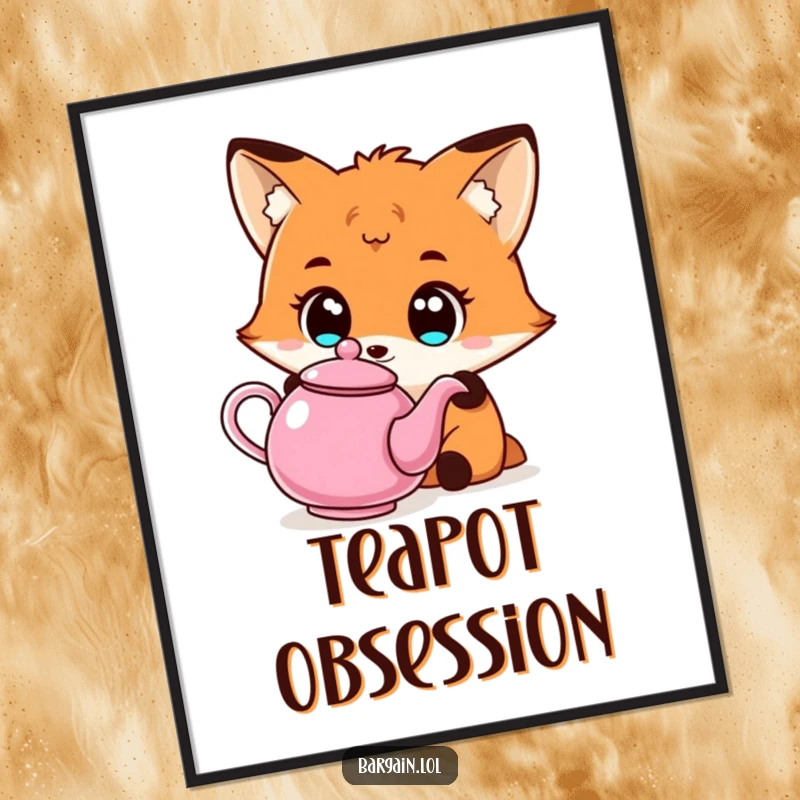 Funny Kawaii fox digital art print of a fox with wide eyes admiring a cheap, unusual teapot, ideal for charming decor.