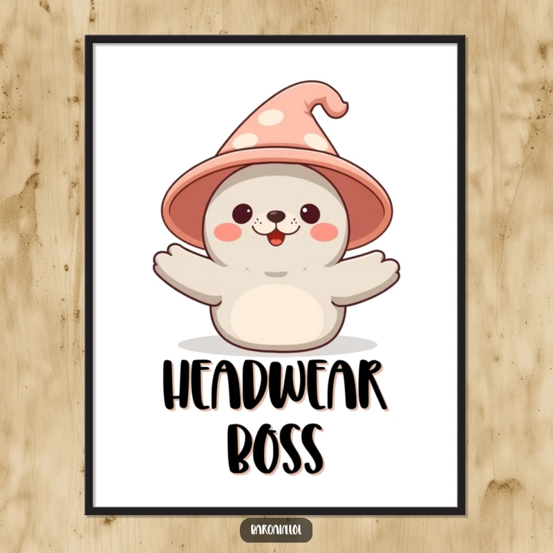 Funny Kawaii seal digital art print of a seal proudly displaying an enormous, comical novelty hat, perfect for instant decor.