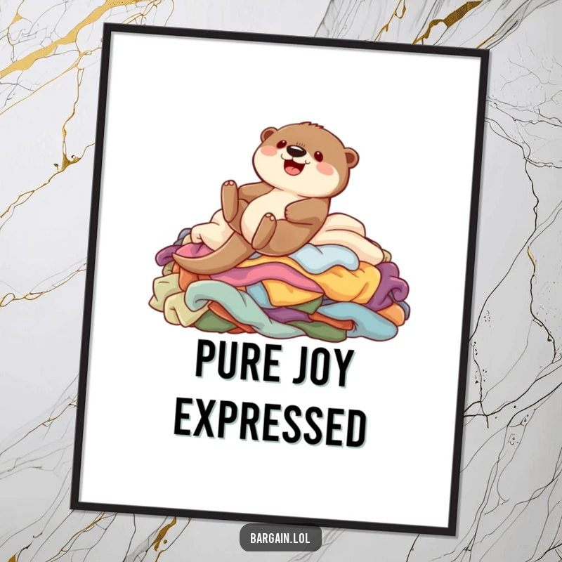 Funny digital art print of a cute otter character gleefully sliding down a pile of colorful garments.