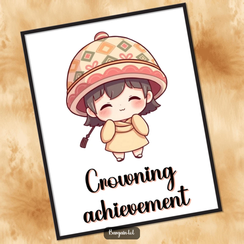 Funny Digital Art: Character with shy smile wearing a large patterned hat, showing quirky fashion.